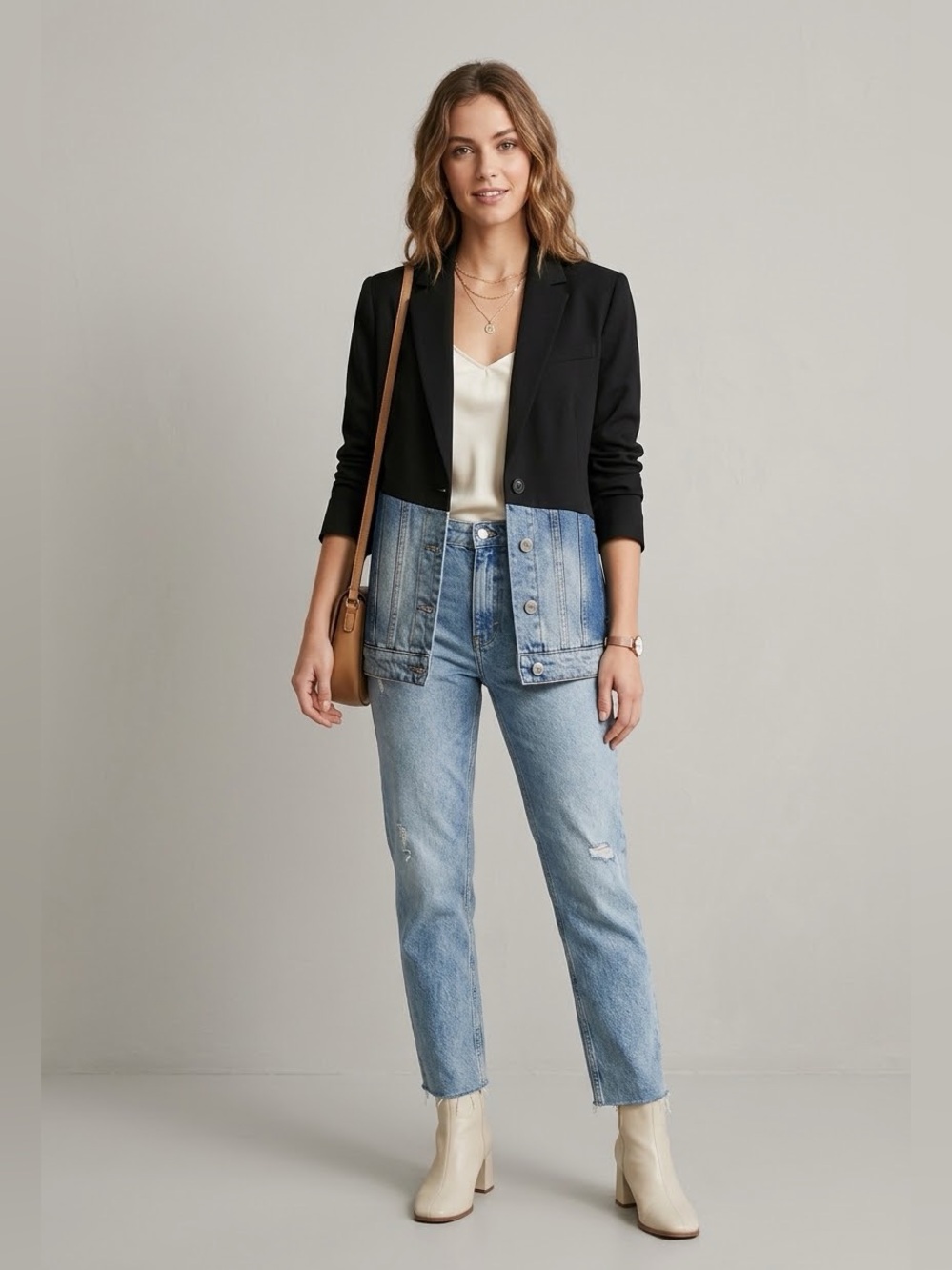 Desigual Women's Hybrid Bimaterial Blazer Denim Trucker Jacket, Black/Blue